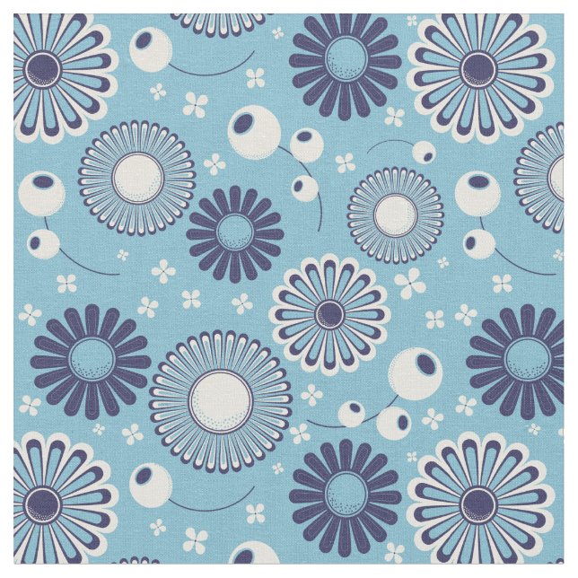 Retro Modern Blue and Cream Flowers Patterned Fabric (Close Up)