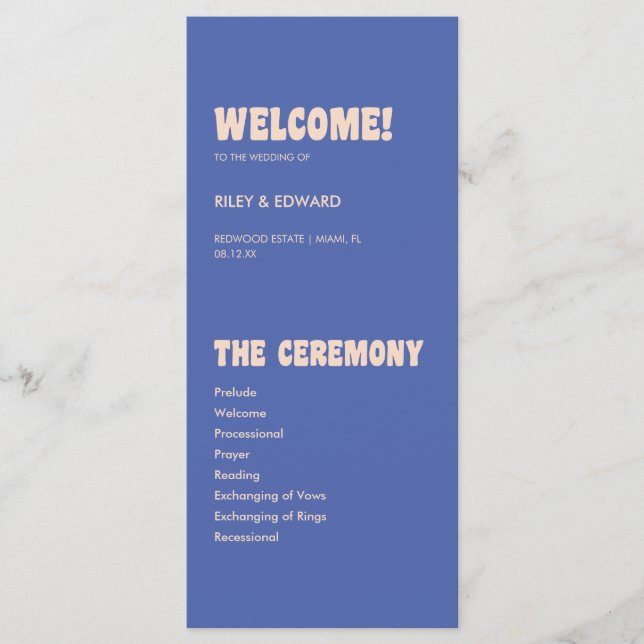 Retro Modern Blue & Beige Wedding Ceremony Programme (Front)