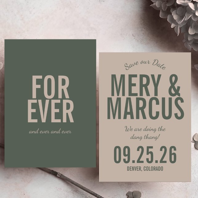 Retro Modern Bold Green & Beige Script Wedding  Save The Date (Creator Uploaded)