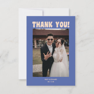 Retro Modern Bold Typography Blue Wedding Photo Thank You Card