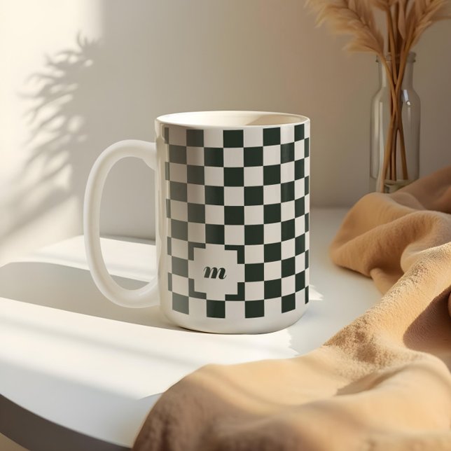 Retro Modern Chequered Pattern Custom Monogram Coffee Mug (Retro Modern Chequered Pattern Custom Monogram Coffee Mug)