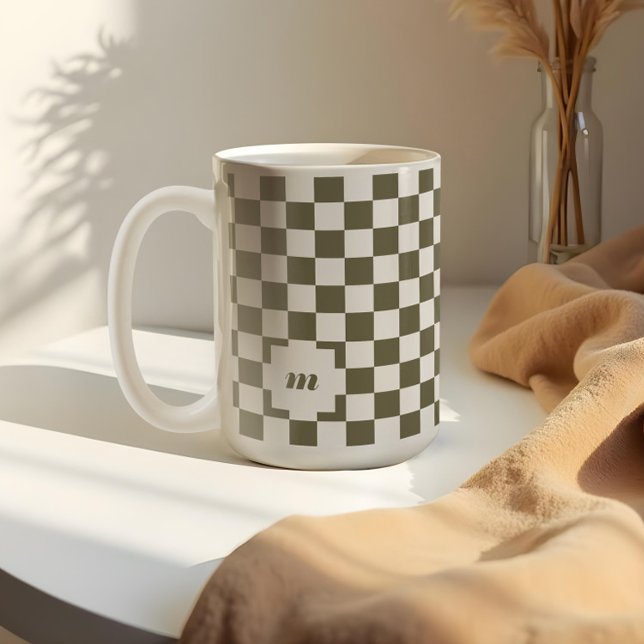 Retro Modern Chequered Pattern Custom Monogram Coffee Mug (Retro Modern Chequered Pattern Custom Monogram Coffee Mug)