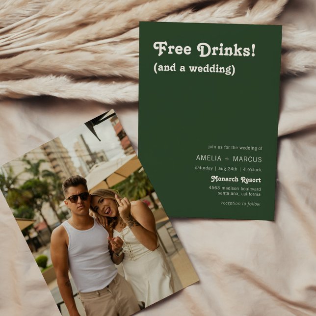 Retro Modern Chic Free Drinks Dark Green Wedding Invitation (Creator Uploaded)