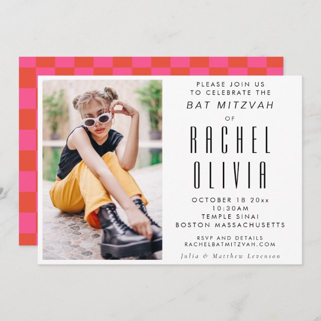 Retro Modern Chic Photo Pink and Red Bat Mitzvah I Invitation (Front/Back)