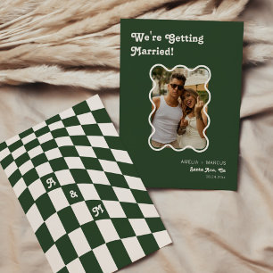 Retro Modern Chic Terracotta Chequered Save the Da Invitation
