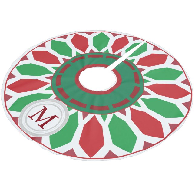 Retro Modern Christmas Poinsettia Geometric Brushed Polyester Tree Skirt (Angled)