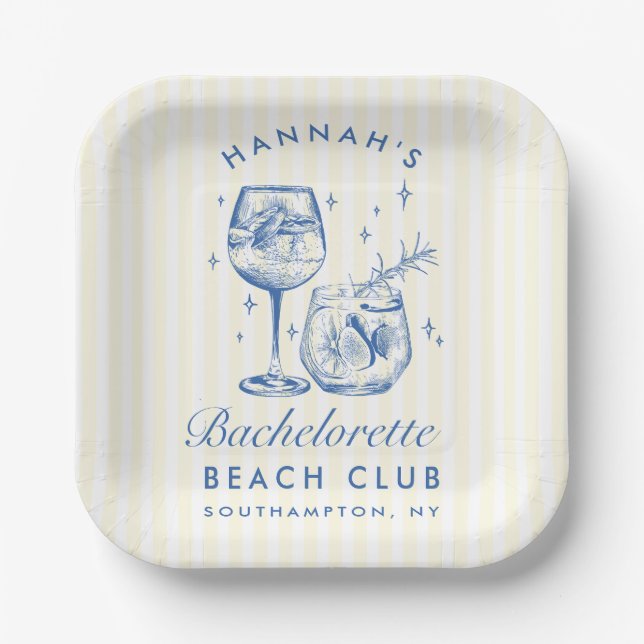Retro Modern Cocktail Bachelorette Blue Paper Plate (Front)