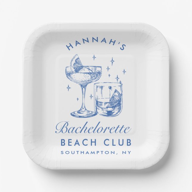 Retro Modern Cocktail Bachelorette Blue Paper Plate (Front)