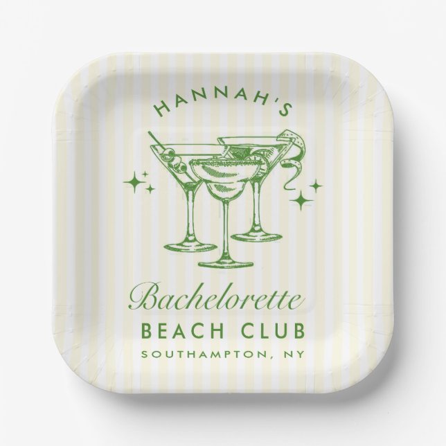 Retro Modern Cocktail Bachelorette Green Paper Plate (Front)