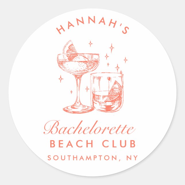 Retro Modern Cocktail Bachelorette Orange Classic Round Sticker (Front)