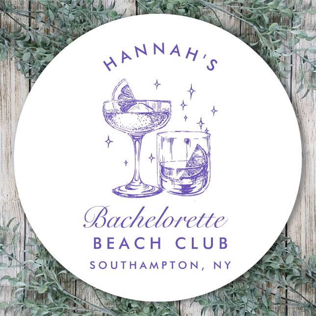 Retro Modern Cocktail Bachelorette Purple Classic Round Sticker (Creator Uploaded)