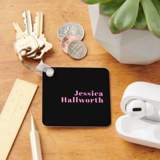 Retro-modern Editable Text | Black & Pink Key Ring (Desk)