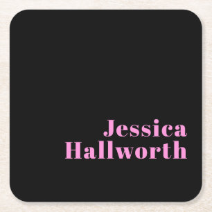 Retro-modern Editable Text   Black & Pink Square Paper Coaster