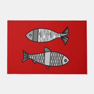 Retro Modern Fish, Deep Red and Gray / Grey Doormat