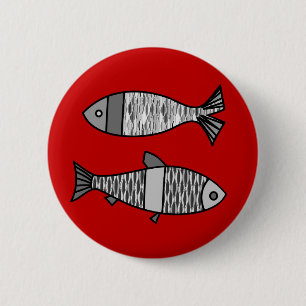 Retro Modern Fish, Deep Red and Grey / Grey 6 Cm Round Badge
