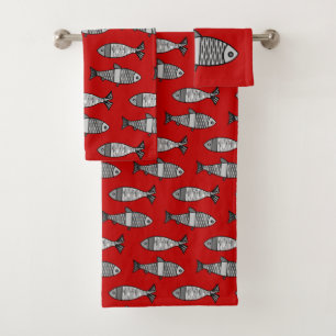 Retro Modern Fish, Deep Red and Grey / Grey Bath Towel Set