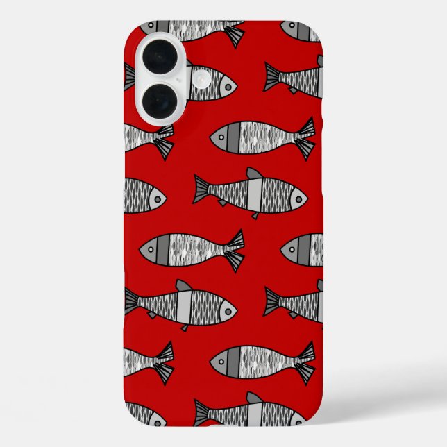Retro Modern Fish, Deep Red and Grey / Grey Case-Mate iPhone Case (Back)