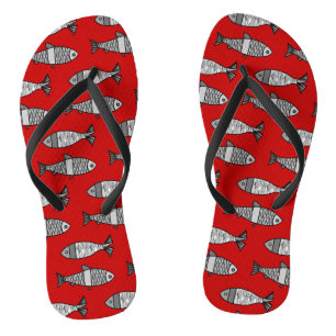 Retro Modern Fish, Deep Red and Grey / Grey Flip Flops