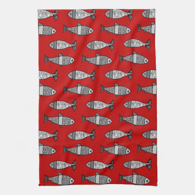 Retro Modern Fish, Deep Red and Grey / Grey Tea Towel (Vertical)