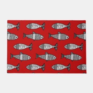Retro Modern Fish, Deep Red & Gray / Grey Doormat