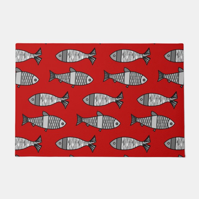 Retro Modern Fish, Deep Red & Grey / Grey Doormat (Front)