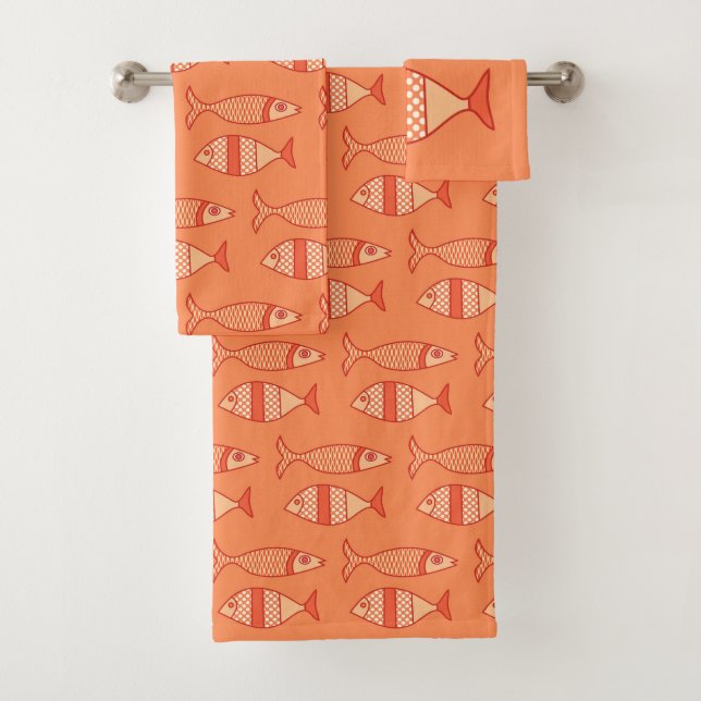 Retro Modern Fish, Light Coral Orange & Tangerine Bath Towel Set (Insitu)