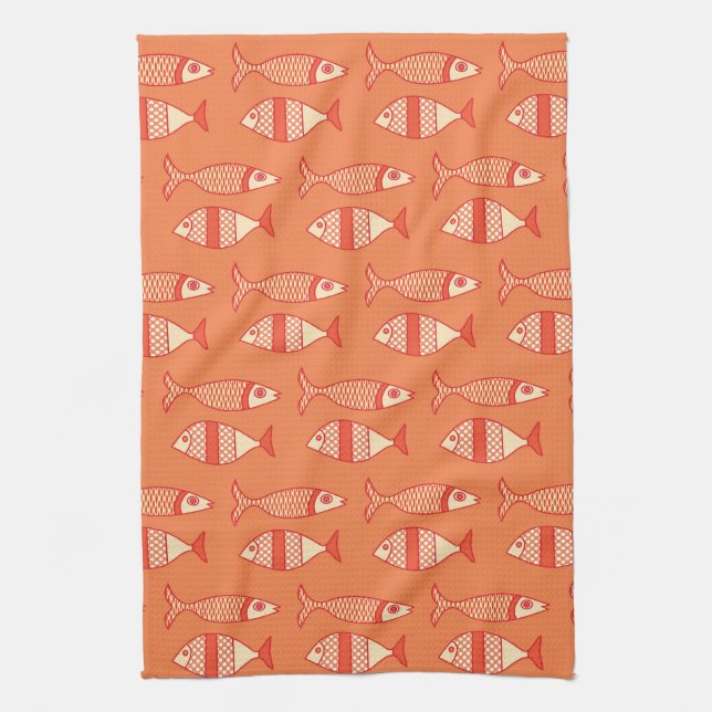 Retro Modern Fish, Light Coral Orange & Tangerine  Tea Towel (Vertical)