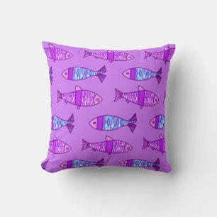 Retro Modern Fish Print, Amethyst Purple Cushion