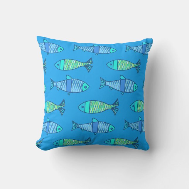 Retro Modern Fish Print, Turquoise and Blue Cushion (Front)