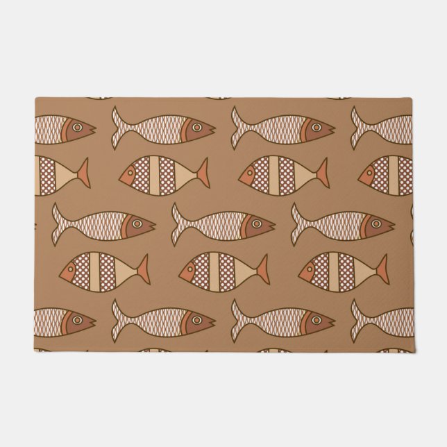 Retro Modern Fish, Tan, Beige and Brown Doormat (Front)