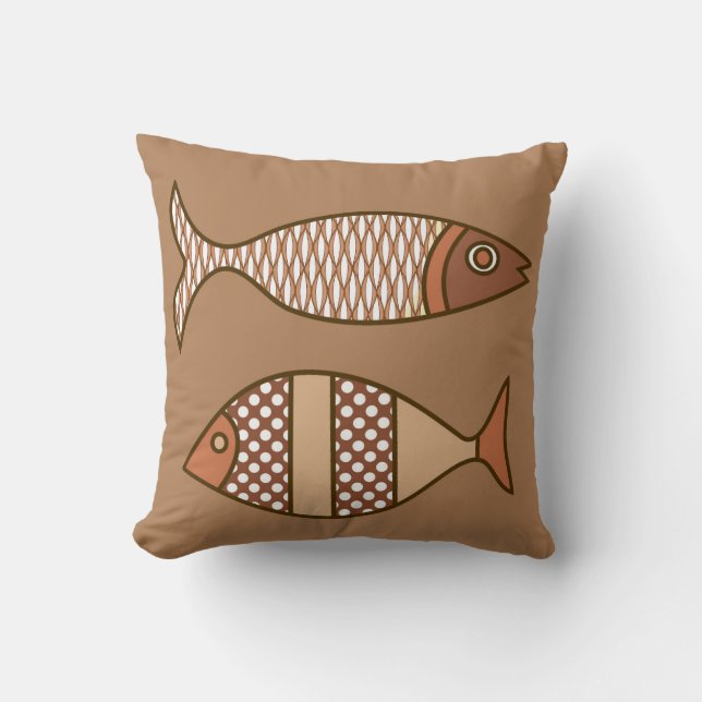 Retro Modern Fish, Tan, Beige and Light Brown Cushion (Front)