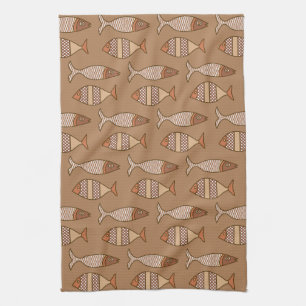 Retro Modern Fish, Tan, Beige and Light Brown Tea Towel