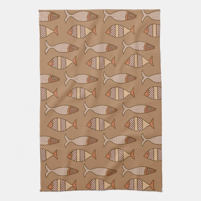 Retro Modern Fish, Tan, Beige and Light Brown Tea Towel (Vertical)