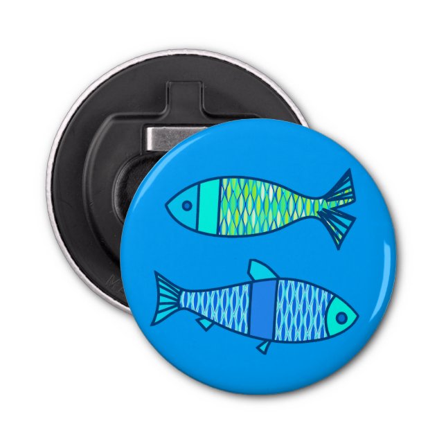 Retro Modern Fish, Turquoise and Cerulean Blue Bottle Opener (Front)