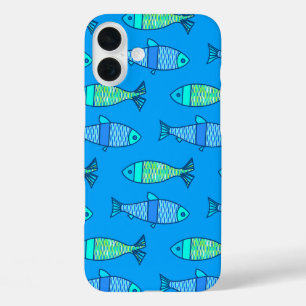 Retro Modern Fish, Turquoise and Cerulean Blue iPhone 16 Plus Case