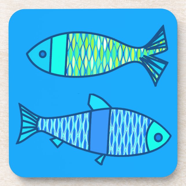 Retro Modern Fish, Turquoise and Cerulean Blue Coaster (Front)