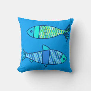 Retro Modern Fish, Turquoise and Cerulean Blue Cushion