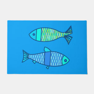 Retro Modern Fish, Turquoise and Cerulean Blue Doormat