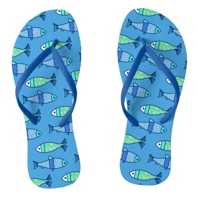 Retro Modern Fish, Turquoise and Cerulean Blue Flip Flops (Footbed)