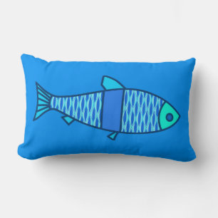 Retro Modern Fish, Turquoise and Cerulean Blue Lumbar Cushion