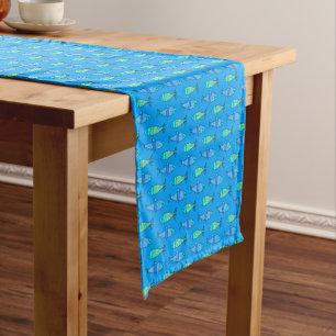 Retro Modern Fish, Turquoise and Cerulean Blue Short Table Runner