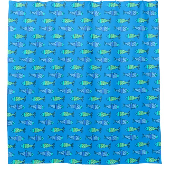 Retro Modern Fish, Turquoise and Cerulean Blue Shower Curtain (Front)