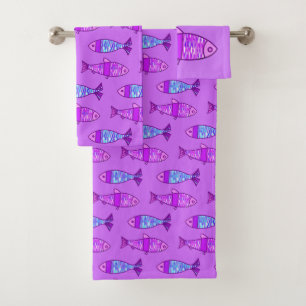 Retro Modern Fish, Violet, & Amethyst Purple  Bath Towel Set