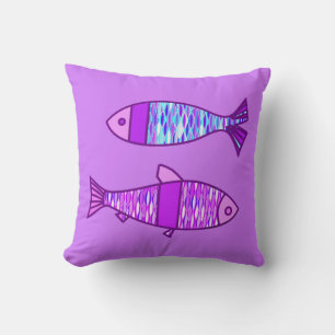 Retro Modern Fish, Violet, and Amethyst Purple Cushion