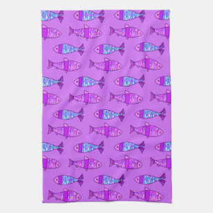 Retro Modern Fish, Violet, and Amethyst Purple Tea Towel
