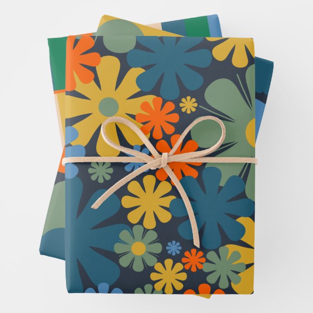 Retro Modern Floral Geometric Patterns Wrapping Paper Sheet (In situ)