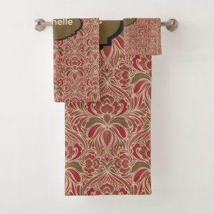 Retro Modern Floral in Red and Green Bath Towel Set
