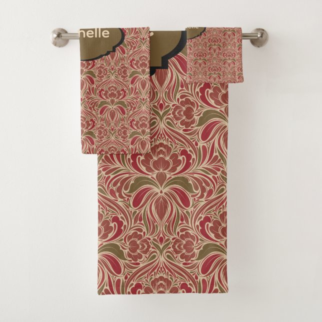 Retro Modern Floral in Red and Green Bath Towel Set (Insitu)