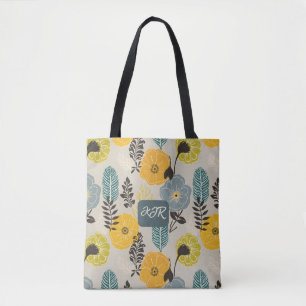 Retro Modern Floral on Grey Tote Bag