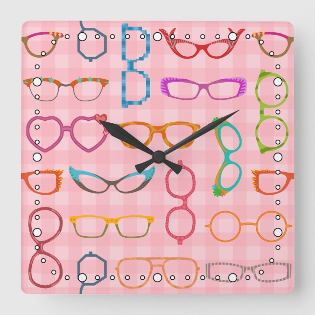 Retro Modern Hipster Eyeglasses Pink Gingham Square Wall Clock (Front)